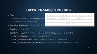 DATA FRAME(TYPE 0X0)
• Data:
• データ自体を運ぶ。HTTP Bodyに相当
• 長さはペイロードの残り全部
• Pad High, Pad Low: パディングの長さ
• Padding: パディング
• DATA...