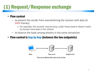 (1) Request/Response exchange
• Flow control
̶ to prevent the sender from overwhelming the receiver with data (in
DATA frames).
o For example, the receiver may be busy, under heavy load or doesn’t want
to receive more data in this stream
̶ to balance the loads among streams in the same connection
• Flow control is hop by hop (between the two endpoints)
17
Original serverProxy serverClient
There are two different flow control in the two links
 