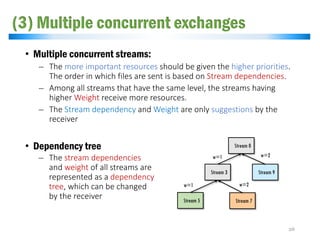 (3) Multiple concurrent exchanges
• Multiple concurrent streams:
̶ The more important resources should be given the higher priorities.
The order in which files are sent is based on Stream dependencies.
̶ Among all streams that have the same level, the streams having
higher Weight receive more resources.
̶ The Stream dependency and Weight are only suggestions by the
receiver
• Dependency tree
26
Stream 0
Stream 3 Stream 9
Stream 5 Stream 7
w=1 w=2
w=1 w=2
̶ The stream dependencies
and weight of all streams are
represented as a dependency
tree, which can be changed
by the receiver
 