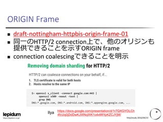 https://lepidum.co.jp/
ORIGIN Frame
 draft-nottingham-httpbis-origin-frame-01
 同一のHTTP/2 connection上で、他のオリジンも
提供できることを示す...