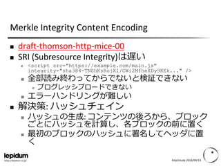 https://lepidum.co.jp/
Merkle Integrity Content Encoding
 draft-thomson-http-mice-00
 SRI (Subresource Integrity)は遅い
 <...