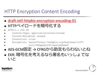 https://lepidum.co.jp/
HTTP Encryption Content Encoding
 draft-ietf-httpbis-encryption-encoding-01
 HTTPペイロードを暗号化する
 HT...