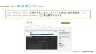 ©2018 AKAMAI | FASTER FORWARDTM
AkamaiにおけるHTTP/2 (Piez)
ChromeへのAdd-on「Piez」を使用することで、アカマイの機能（画像最適化、Server
Push、Pre-connect、Resource Optimizer）の効果を確認できます
 