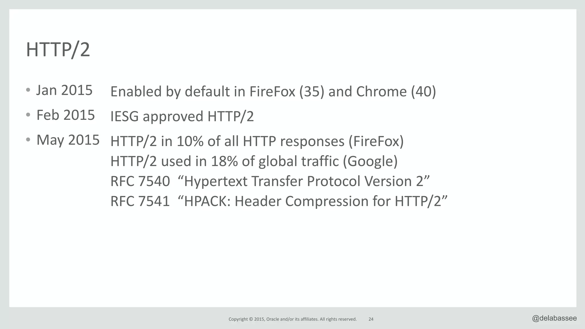 Copyright*©*2015,*Oracle*and/or*its*affiliates.*All*rights*reserved. @delabassee
HTTP/2
• Jan*2015*
• Feb*2015*
• May*2015
24
Enabled*by*default*in*FireFox*(35)*and*Chrome*(40)*
IESG*approved*HTTP/2*
HTTP/2*in*10%*of*all*HTTP*responses*(FireFox)*
HTTP/2*used*in*18%*of*global*traffic*(Google)*
RFC*7540**“Hypertext*Transfer*Protocol*Version*2”*
RFC*7541**“HPACK:*Header*Compression*for*HTTP/2”**
 