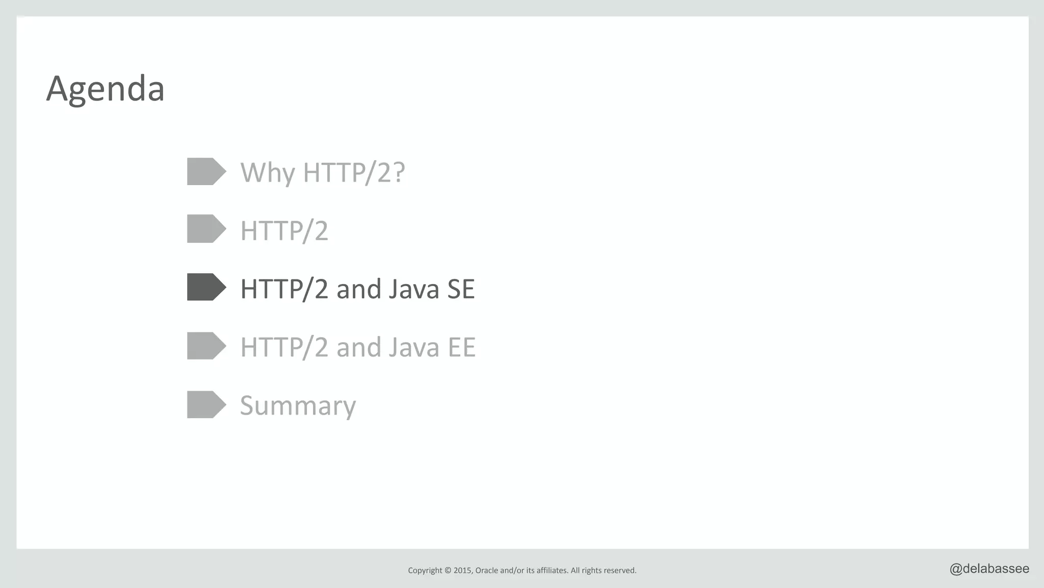 Copyright*©*2015,*Oracle*and/or*its*affiliates.*All*rights*reserved. @delabassee
Agenda
Why*HTTP/2?*
HTTP/2*
HTTP/2*and*Java*SE*
HTTP/2*and*Java*EE*
Summary
 