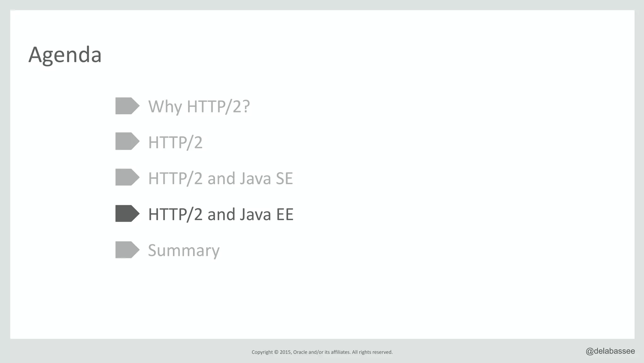Copyright*©*2015,*Oracle*and/or*its*affiliates.*All*rights*reserved. @delabassee
Agenda
Why*HTTP/2?*
HTTP/2*
HTTP/2*and*Java*SE*
HTTP/2*and*Java*EE*
Summary
 
