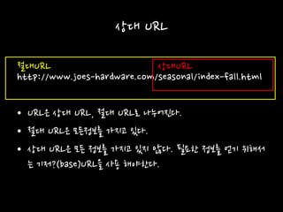 상대 URL
http://www.joes-hardware.com/seasonal/index-fall.html
• URL은 상대 URL, 절대 URL로 나누어진다.
• 절대 URL은 모든정보를 가지고 있다.
• 상대 URL은 모든 정보를 가지고 있지 않다. 필요한 정보를 얻기 위해서
는 기저?(base)URL을 사용 해야한다.
상대URL절대URL
 