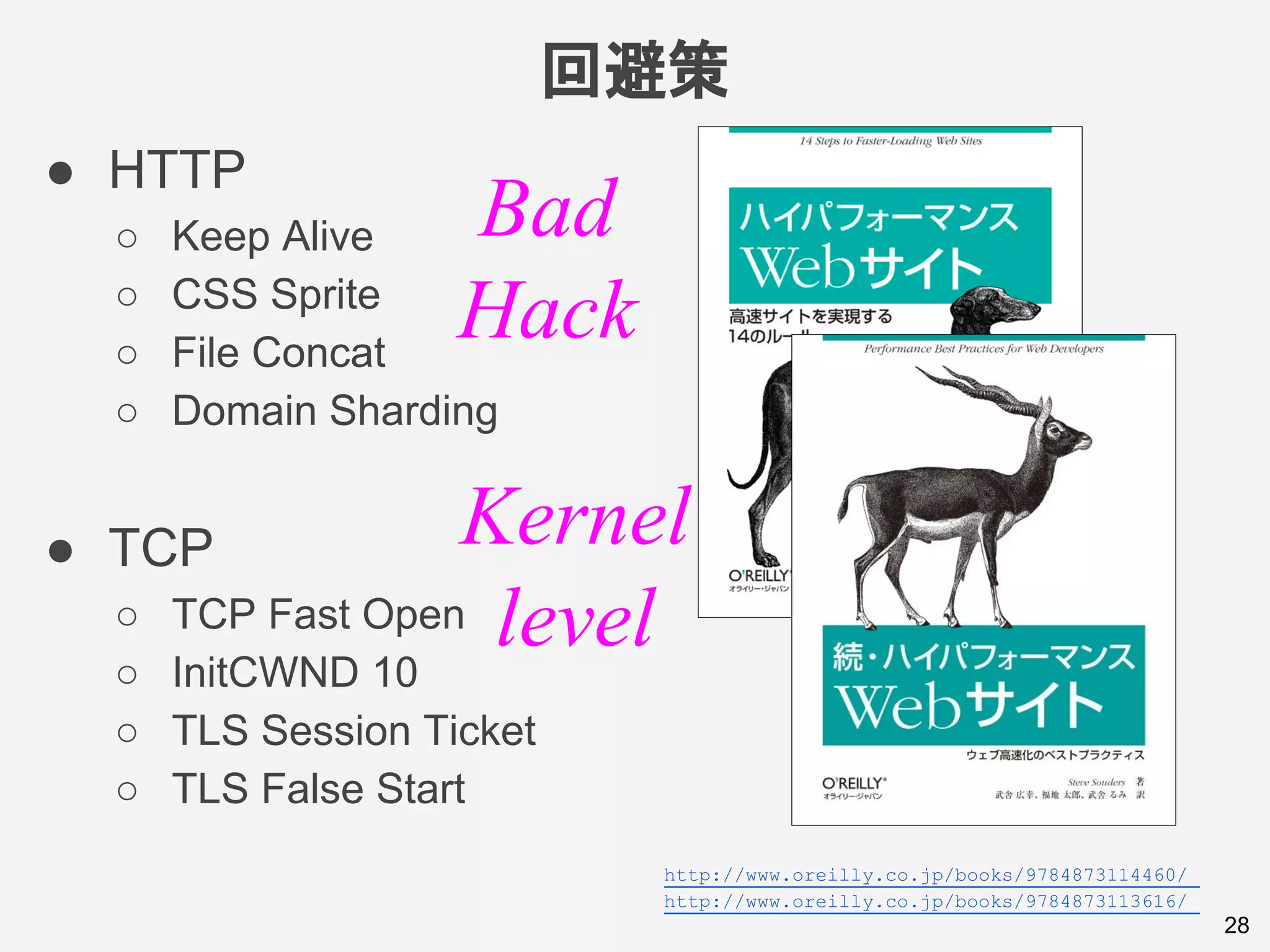 回避策
28
● HTTP
○ Keep Alive
○ CSS Sprite
○ File Concat
○ Domain Sharding
● TCP
○ TCP Fast Open
○ InitCWND 10
○ TLS Session Ticket
○ TLS False Start
Bad
Hack
Kernel
level
http://www.oreilly.co.jp/books/9784873114460/
http://www.oreilly.co.jp/books/9784873113616/
 