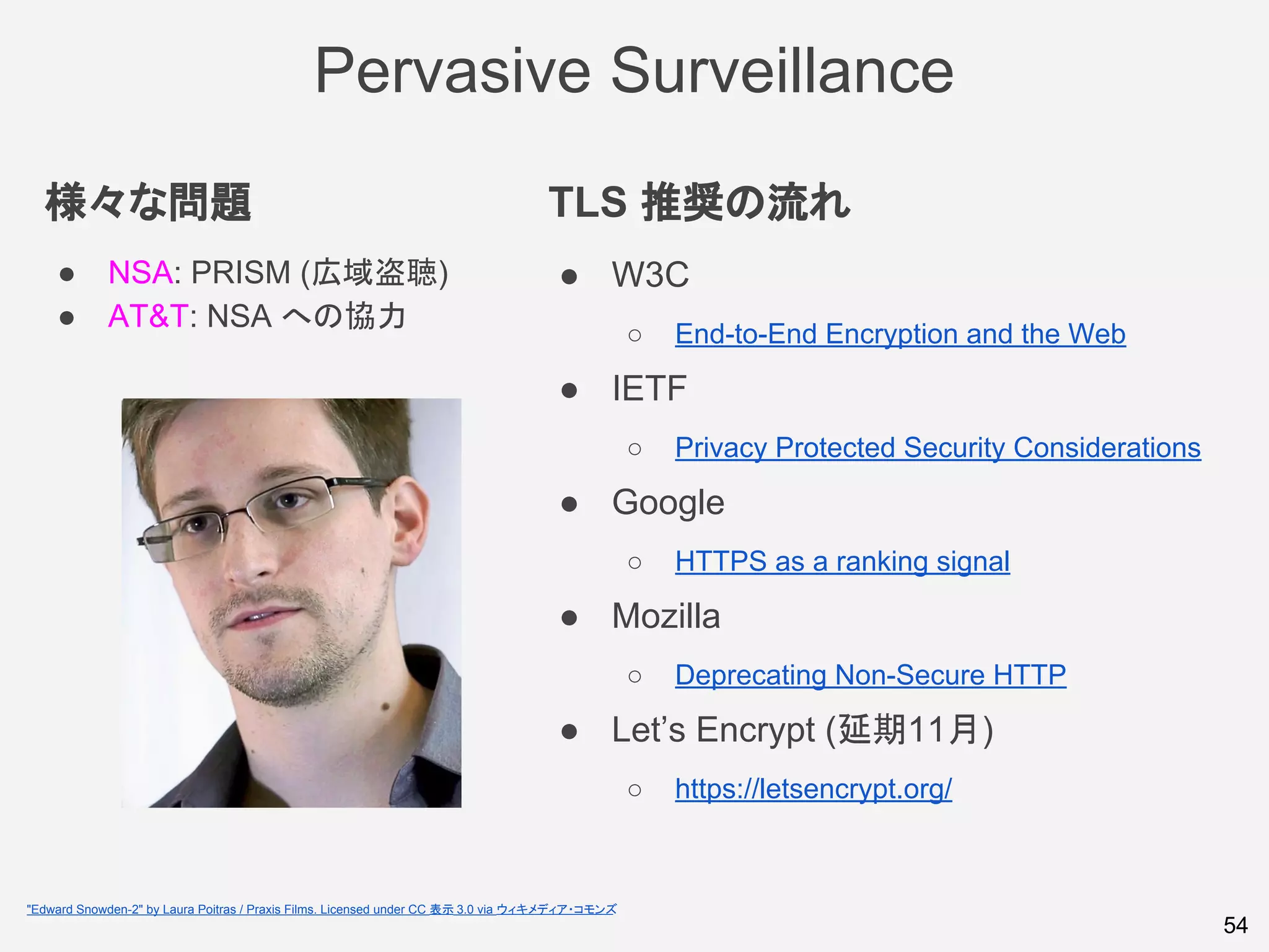様々な問題
● NSA: PRISM (広域盗聴)
● AT&T: NSA への協力
TLS 推奨の流れ
● W3C
○ End-to-End Encryption and the Web
● IETF
○ Privacy Protected Security Considerations
● Google
○ HTTPS as a ranking signal
● Mozilla
○ Deprecating Non-Secure HTTP
● Let’s Encrypt (延期11月)
○ https://letsencrypt.org/
54
"Edward Snowden-2" by Laura Poitras / Praxis Films. Licensed under CC 表示 3.0 via ウィキメディア・コモンズ
Pervasive Surveillance
 