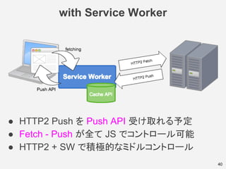 with Service Worker
40
● HTTP2 Push を Push API 受け取れる予定
● Fetch - Push が全て JS でコントロール可能
● HTTP2 + SW で積極的なミドルコントロール
 
