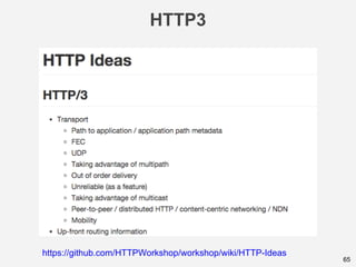 HTTP3
65
https://github.com/HTTPWorkshop/workshop/wiki/HTTP-Ideas
 