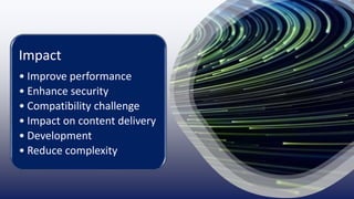 Impact
• Improve performance
• Enhance security
• Compatibility challenge
• Impact on content delivery
• Development
• Reduce complexity
 
