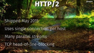 HTTP/2HTTP/2
Shipped May 2015
Uses single connection per host
Many parallel streams
TCP head-of-line-blocking
@bagder@bagder
 