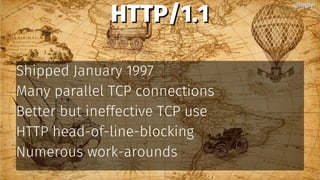 HTTP/1.1HTTP/1.1
Shipped January 1997
Many parallel TCP connections
Better but ineffective TCP use
HTTP head-of-line-block...