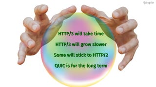 HTTP/3 will take timeHTTP/3 will take time
HTTP/3 will grow slowerHTTP/3 will grow slower
Some will stick to HTTP/2Some wi...