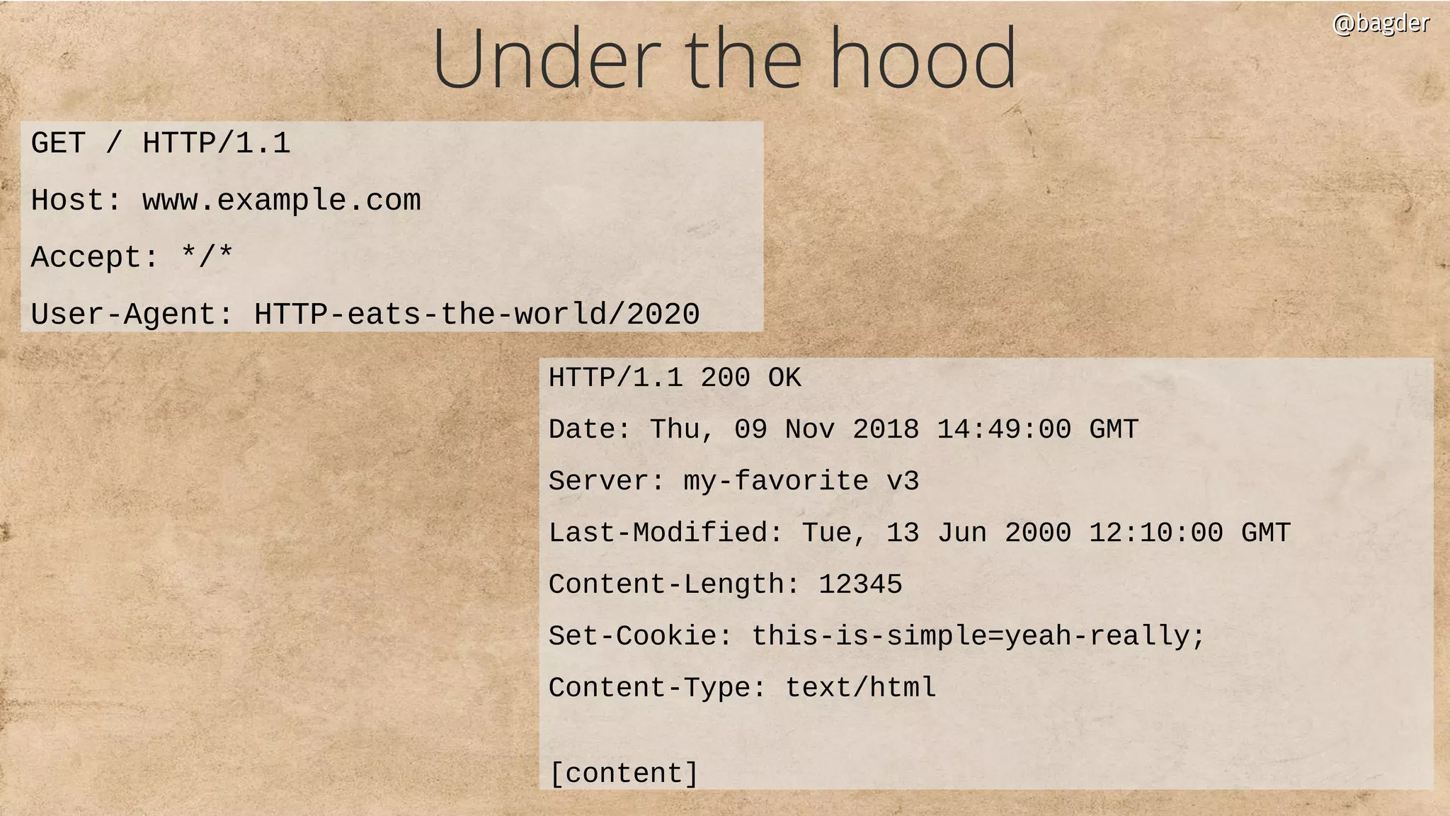 Under the hood
GET / HTTP/1.1
Host: www.example.com
Accept: */*
User-Agent: HTTP-eats-the-world/2020
HTTP/1.1 200 OK
Date: Thu, 09 Nov 2018 14:49:00 GMT
Server: my-favorite v3
Last-Modified: Tue, 13 Jun 2000 12:10:00 GMT
Content-Length: 12345
Set-Cookie: this-is-simple=yeah-really;
Content-Type: text/html
[content]
@bagder@bagder
 
