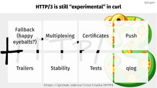 HTTP/3 is still “experimental” in curl
Fallback
(happy
eyeballs?)
https://github.com/curl/curl/wiki/HTTP3
Multiplexing Certificates
Trailers Stability Tests
Push
qlog
@bagder@bagder
 