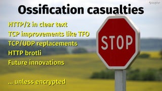 Ossification casualties
HTTP/2 in clear textHTTP/2 in clear text
TCP improvements like TFOTCP improvements like TFO
TCP/UDP replacementsTCP/UDP replacements
HTTP brotliHTTP brotli
Future innovationsFuture innovations
…… unless encryptedunless encrypted
@bagder@bagder
 