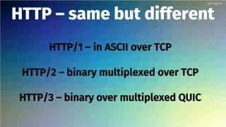 HTTP – same but different
HTTP/1 – in ASCII over TCP
HTTP/2 – binary multiplexed over TCP
HTTP/3 – binary over multiplexed QUIC
@bagder@bagder
 