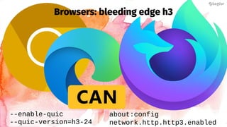 Browsers: bleeding edge h3
--enable-quic
--quic-version=h3-24
@bagder@bagder
about:config
network.http.http3.enabled
 
