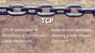 TCPTCP
TCP/IP works over IP
Establishes a “connection”
3-way handshake
Resends lost packages
Delivers a byte stream
Clear text
@bagder@bagder
 