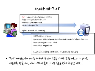 Method-PUT
• PUT method의 의미는 서버가 요청의 본문을 가지고 요청 URL의 이름대로
새문서를 만들거나, 이미 URL이 존재 하면 본문을 교체 하는것 이다.
PUT /seasonal/index0fall.html HTTP/1.1
Host: www.joes-hareware.com
Content-Type: text/plain
Content-Length: 617
Update product list comming
HTTP/1.1 201 Created
Location: http://www.joes-hardware.com/product-list.txt
Content-Type: text/plain
Content-Length: 617
http://www.joes-hardware.com/product-list.txt
 