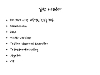 일반 Header
• 메시지에 대한 기본적인 정보를 제공.
• Connection
• Date
• MIME-Version
• Trailer chunked transfer
• Transfer-Encoding
• Upgrade
• Via
 