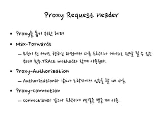 Proxy Request Header
• Proxy를 돕기 위한 헤더
• Max-Forwards
– 요청이 원 서버로 향하는 과정에서 다른 프락시나 게이트로 전달 될 수 있는
최대 횟수.TRACE method와 함께 사용된다.
• Proxy-Authorization
– Authorization과 같으나 프락시에서 인증을 할 때 사용.
• Proxy-Connection
– Connection과 같으나 프락시에 연결을 맺을 때 사용.
 