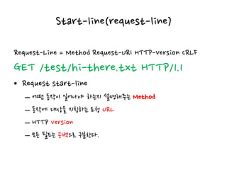 Start-line(request-line)
• Request start-line
– 어떤 동작이 일어나야 하는지 설명해주는 Method
– 동작에 대상을 지칭하는 요청 URL
– HTTP Version
– 모든 필드는 공백으로 구분한다.
Request-Line = Method Request-URI HTTP-Version CRLF
GET /test/hi-there.txt HTTP/1.1
 