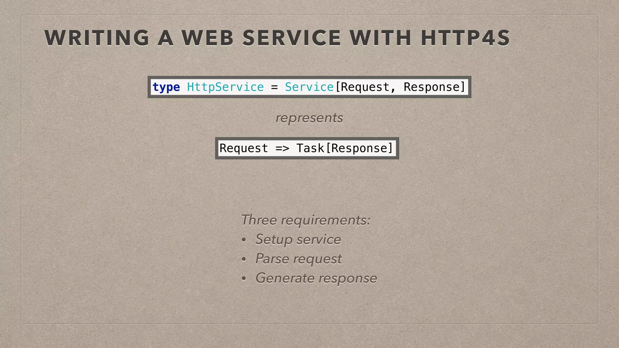 WRITING A WEB SERVICE WITH HTTP4S
type HttpService = Service[Request, Response]
represents
Request => Task[Response]
Three requirements:
• Setup service
• Parse request
• Generate response
 