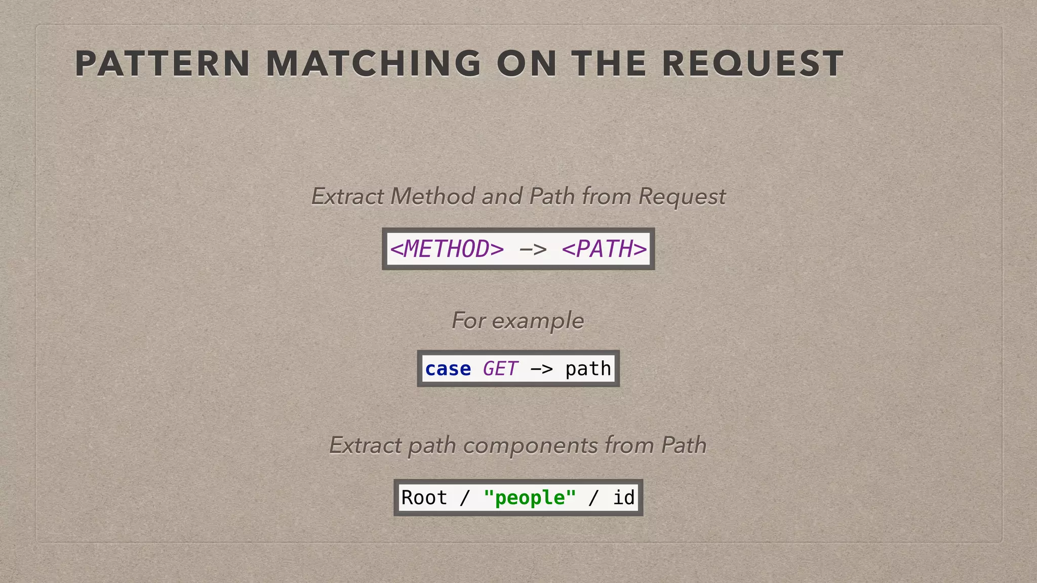 PATTERN MATCHING ON THE REQUEST
<METHOD> -> <PATH>
Extract Method and Path from Request
For example
case GET -> path
Root / "people" / id
Extract path components from Path
 