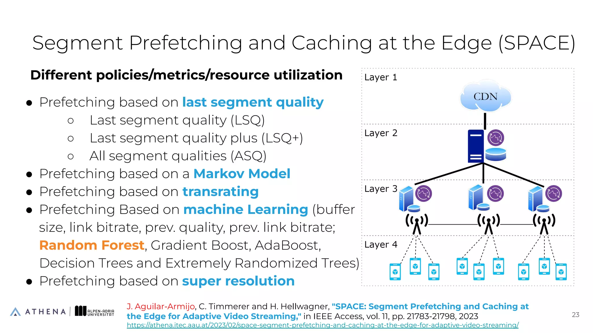 Different policies/metrics/resource utilization
● Prefetching based on last segment quality
○ Last segment quality (LSQ)
○ Last segment quality plus (LSQ+)
○ All segment qualities (ASQ)
● Prefetching based on a Markov Model
● Prefetching based on transrating
● Prefetching Based on machine Learning (buffer
size, link bitrate, prev. quality, prev. link bitrate;
Random Forest, Gradient Boost, AdaBoost,
Decision Trees and Extremely Randomized Trees)
● Prefetching based on super resolution
Segment Prefetching and Caching at the Edge (SPACE)
23
23
J. Aguilar-Armijo, C. Timmerer and H. Hellwagner, "SPACE: Segment Prefetching and Caching at
the Edge for Adaptive Video Streaming," in IEEE Access, vol. 11, pp. 21783-21798, 2023
https://athena.itec.aau.at/2023/02/space-segment-prefetching-and-caching-at-the-edge-for-adaptive-video-streaming/
 