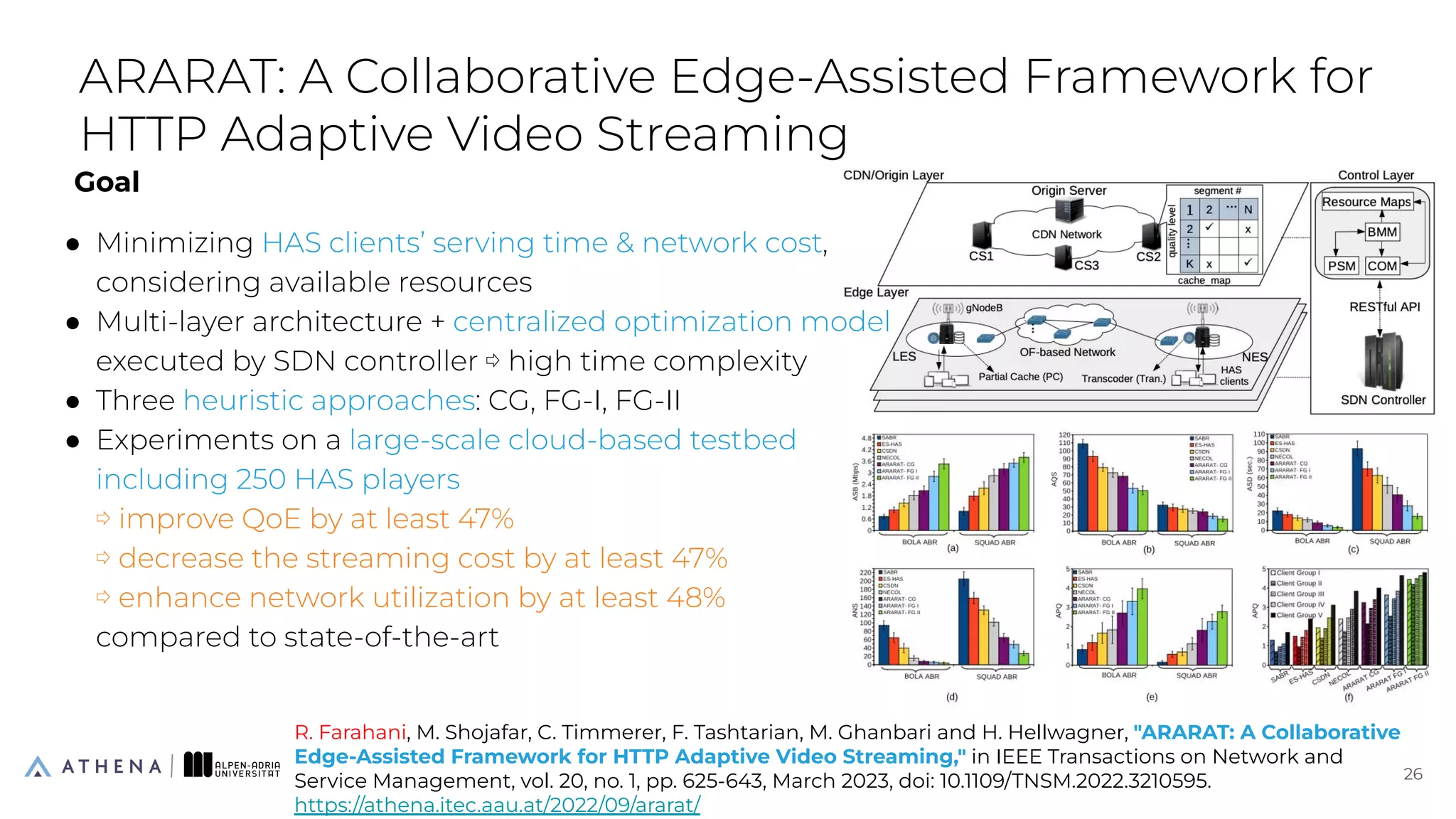 Goal
● Minimizing HAS clients’ serving time & network cost,
considering available resources
● Multi-layer architecture + centralized optimization model
executed by SDN controller ⇨ high time complexity
● Three heuristic approaches: CG, FG-I, FG-II
● Experiments on a large-scale cloud-based testbed
including 250 HAS players
⇨ improve QoE by at least 47%
⇨ decrease the streaming cost by at least 47%
⇨ enhance network utilization by at least 48%
compared to state-of-the-art
ARARAT: A Collaborative Edge-Assisted Framework for
HTTP Adaptive Video Streaming
26
26
R. Farahani, M. Shojafar, C. Timmerer, F. Tashtarian, M. Ghanbari and H. Hellwagner, "ARARAT: A Collaborative
Edge-Assisted Framework for HTTP Adaptive Video Streaming," in IEEE Transactions on Network and
Service Management, vol. 20, no. 1, pp. 625-643, March 2023, doi: 10.1109/TNSM.2022.3210595.
https://athena.itec.aau.at/2022/09/ararat/
 