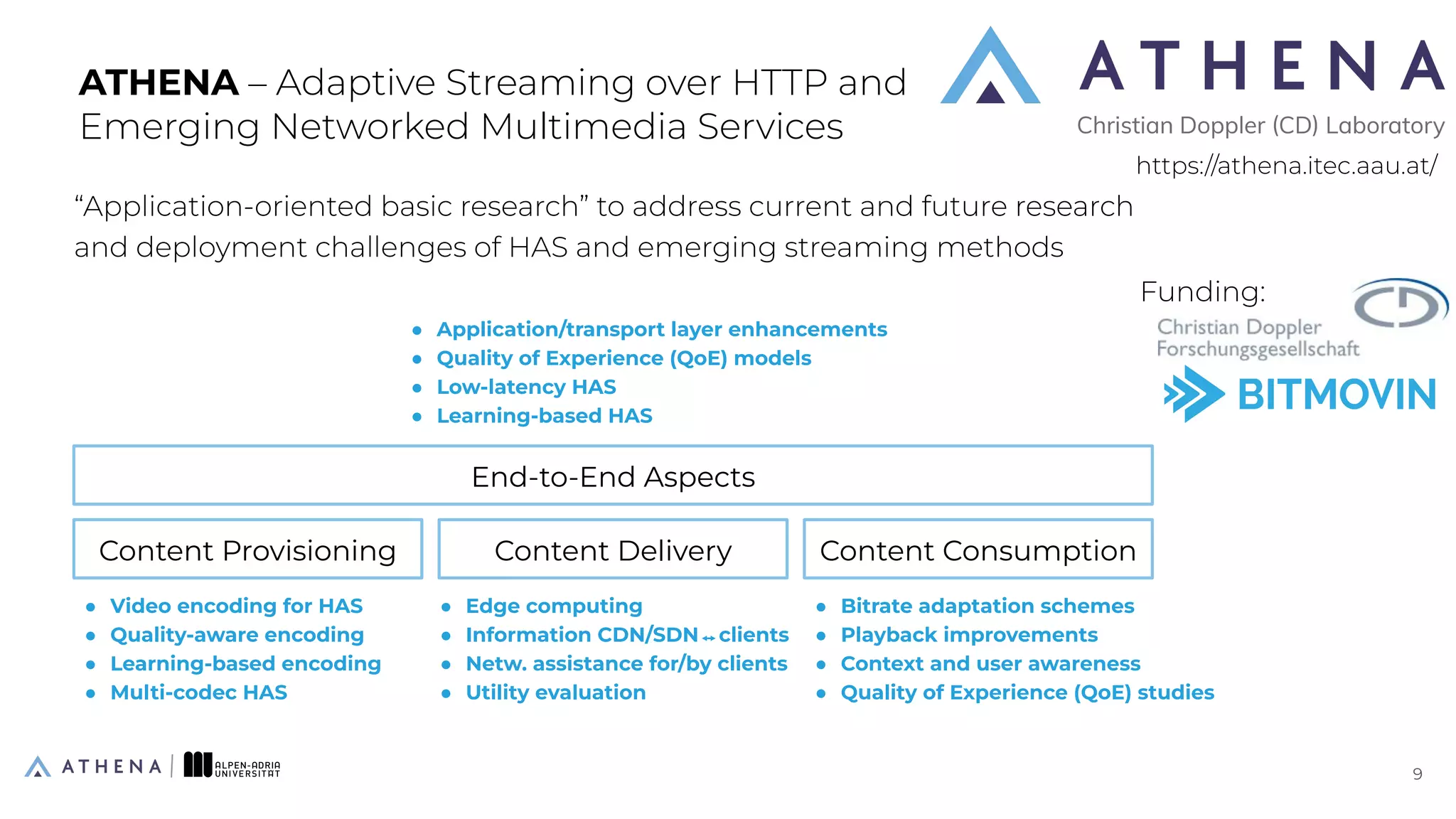 “Application-oriented basic research” to address current and future research
and deployment challenges of HAS and emerging streaming methods
ATHENA – Adaptive Streaming over HTTP and
Emerging Networked Multimedia Services
Content Provisioning Content Delivery Content Consumption
End-to-End Aspects
● Video encoding for HAS
● Quality-aware encoding
● Learning-based encoding
● Multi-codec HAS
● Edge computing
● Information CDN/SDN⇿clients
● Netw. assistance for/by clients
● Utility evaluation
● Bitrate adaptation schemes
● Playback improvements
● Context and user awareness
● Quality of Experience (QoE) studies
● Application/transport layer enhancements
● Quality of Experience (QoE) models
● Low-latency HAS
● Learning-based HAS
https://athena.itec.aau.at/
9
9
Funding:
 