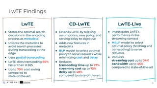 LwTE Findings
31
31
● Stores the optimal search
decisions in the encoding
process as metadata
● Utilizes the metadata to
avoid search processes
during transcoding at the
edge
● Uses partial-transcoding
● LwTE does transcoding 80%
faster than H.265
● Up to 70% cost saving
compared to
state-of-the-art
LwTE
● Extends LwTE by relaxing
assumptions, new policy, and
serving delay to objective
● Adds new features in
metadata
● BLP model to select optimal
policy to serve requests while
minimizing cost and delay
● Reduces
transcoding time up to 97%
streaming cost up to 75%
delay up to 48%
compared to state-of-the-art
CD-LwTE
● Investigates LwTE’s
performance in live
streaming context
● MBLP model to select
optimal policy (fetching and
transcoding) to serve
requests
● Reduces
streaming cost up to 34%
bandwidth up to 45%
compared to state-of-the-art
LwTE-Live
 