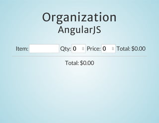 Organization
AngularJS

Item:

Qty: 0

Price: 0

Total: $0.00

Total: $0.00

 