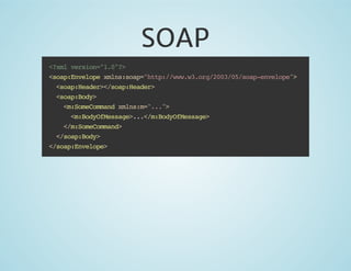 SOAP
<?xml version="1.0"?>
<soap:Envelope xmlns:soap="http://www.w3.org/2003/05/soap-envelope">
<soap:Header></soap:Header>
<soap:Body>
<m:SomeCommand xmlns:m="...">
<m:BodyOfMessage>...</m:BodyOfMessage>
</m:SomeCommand>
</soap:Body>
</soap:Envelope>

 