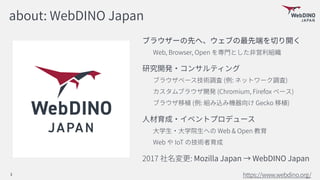 about: WebDINO Japan
Web, Browser, Open
( : )
(Chromium, Firefox )
( : Gecko )
Web & Open
Web IoT
2017 : Mozilla Japan Web...