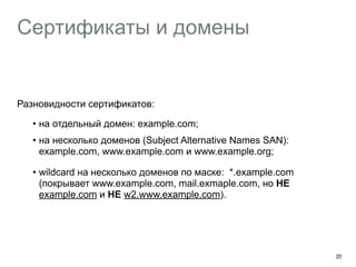 Сертификаты и домены 
Разновидности сертификатов: 
• на отдельный домен: example.com; 
• на несколько доменов (Subject Alternative Names SAN): 
example.com, www.example.com и www.example.org; 
• wildcard на несколько доменов по маске: *.example.com 
(покрывает www.example.com, mail.exmaple.com, но НЕ 
example.com и НЕ w2.www.example.com). 
25 
 