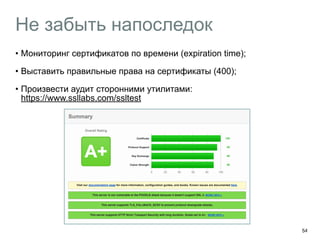 Не забыть напоследок 
• Мониторинг сертификатов по времени (expiration time); 
• Выставить правильные права на сертификаты (400); 
• Произвести аудит сторонними утилитами: 
https://www.ssllabs.com/ssltest 
54 
 