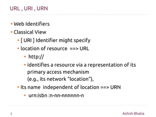 URL , URI , URN

●   Web Identifiers
●   Classical View
     ●   [ URI ] Identifier might specify
     ●   location of res...