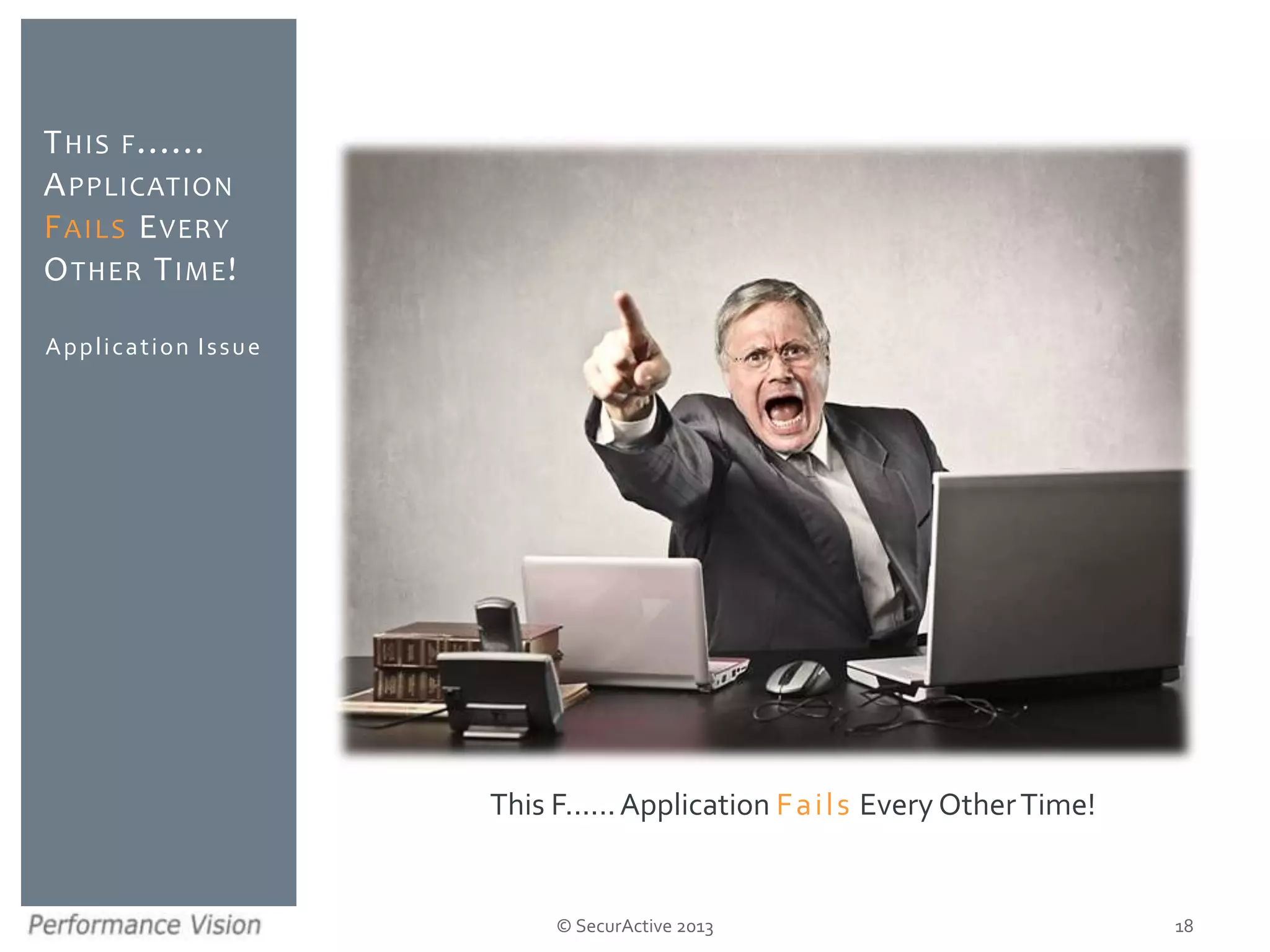 © SecurActive 2013
Application Issue
THIS F......
APPLICATION
FAILS EVERY
OTHER TIME!
18
This F......Application Fails Every OtherTime!
 