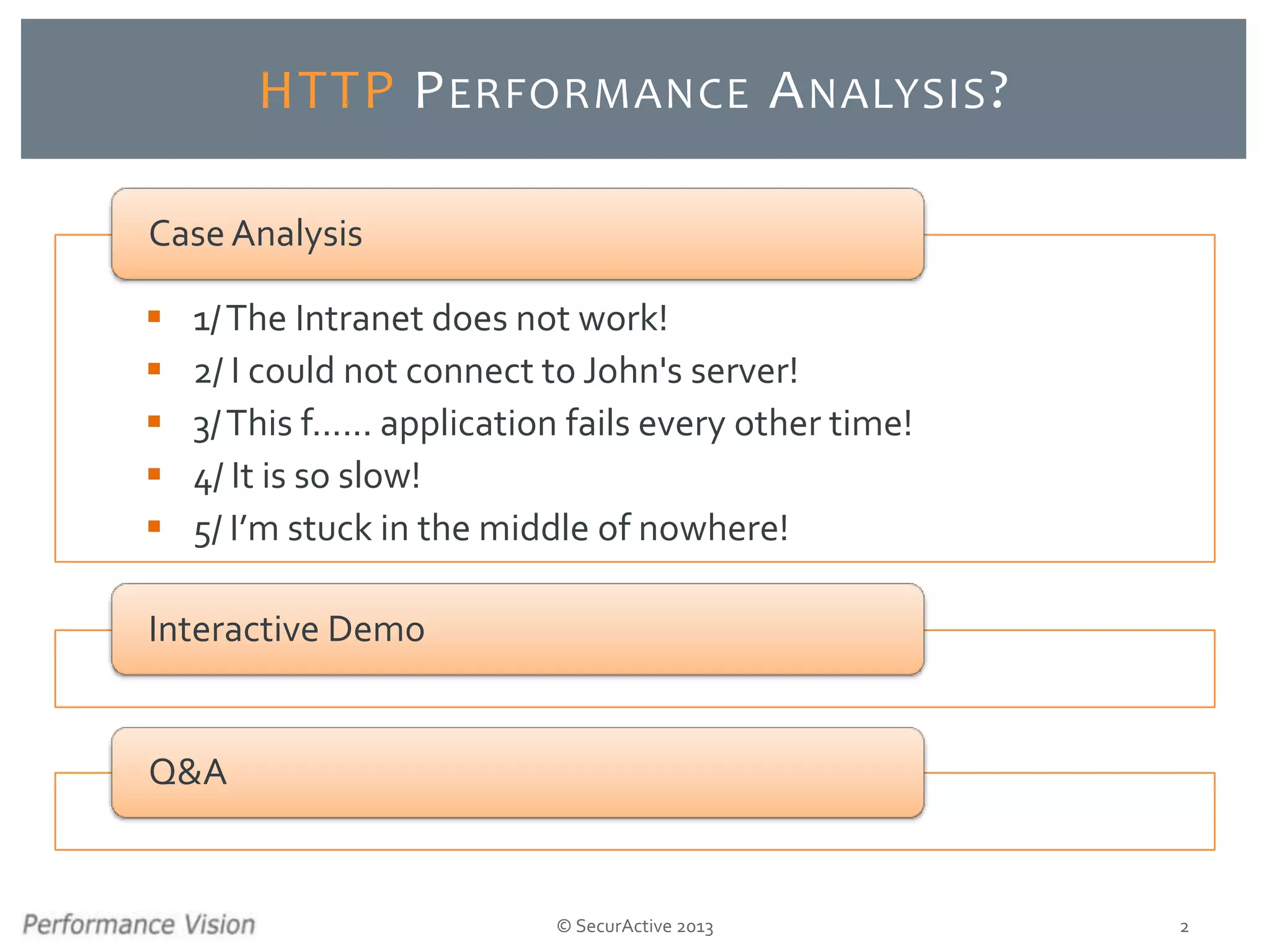 © SecurActive 2013 2
HTTP PERFORMANCE ANALYSIS?
 1/The Intranet does not work!
 2/ I could not connect to John's server!
 3/This f...... application fails every other time!
 4/ It is so slow!
 5/ I’m stuck in the middle of nowhere!
Case Analysis
Interactive Demo
Q&A
 
