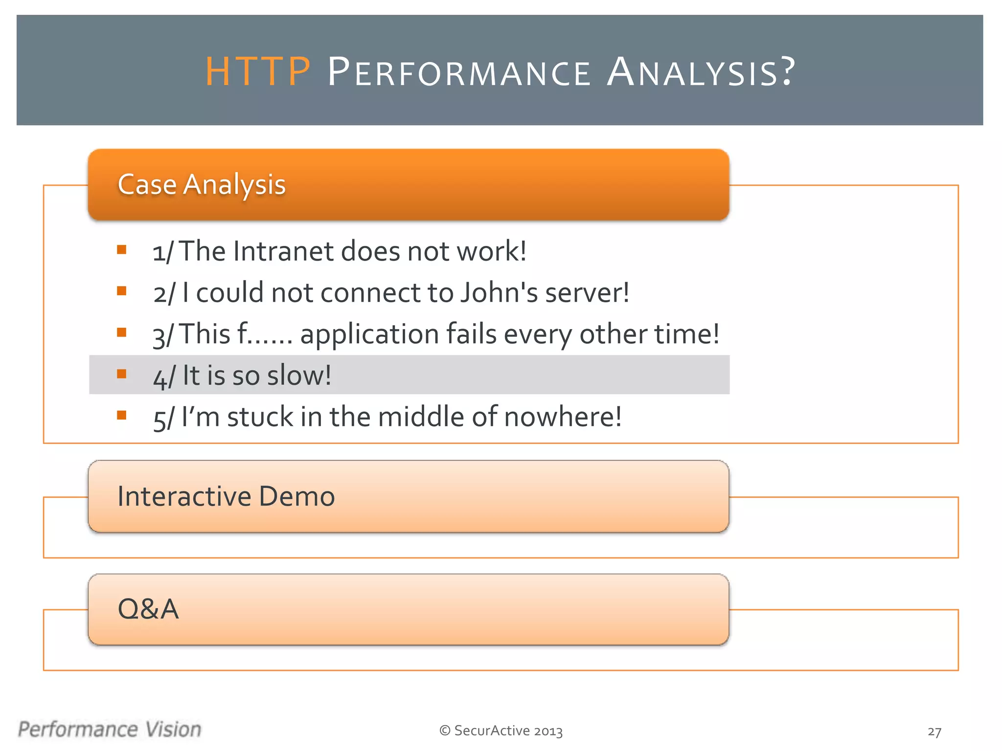 © SecurActive 2013 27
HTTP PERFORMANCE ANALYSIS?
 1/The Intranet does not work!
 2/ I could not connect to John's server!
 3/This f...... application fails every other time!
 4/ It is so slow!
 5/ I’m stuck in the middle of nowhere!
Case Analysis
Interactive Demo
Q&A
 