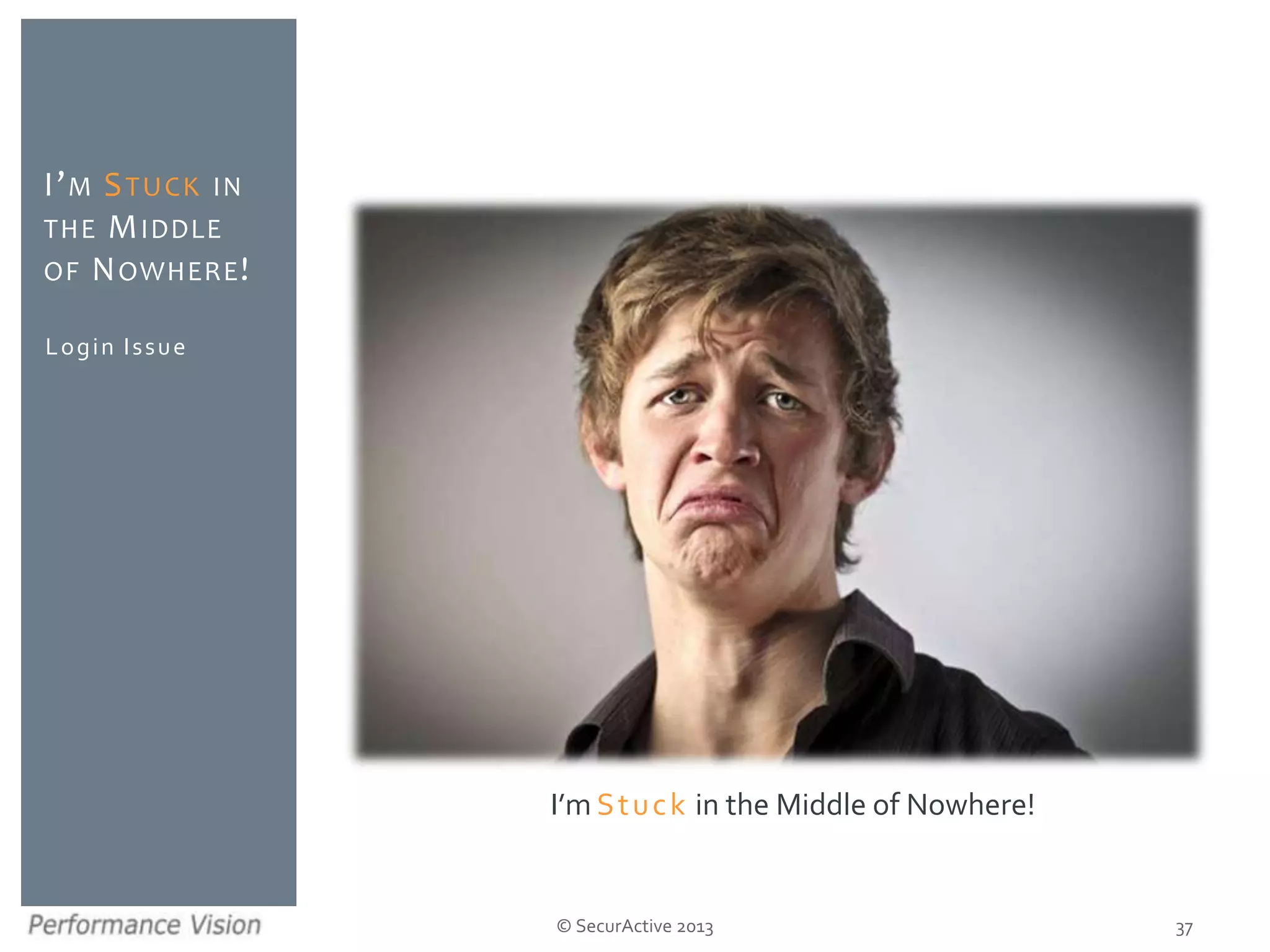 © SecurActive 2013
Login Issue
I’M STUCK IN
THE MIDDLE
OF NOWHERE!
37
I’m Stuck in the Middle of Nowhere!
 