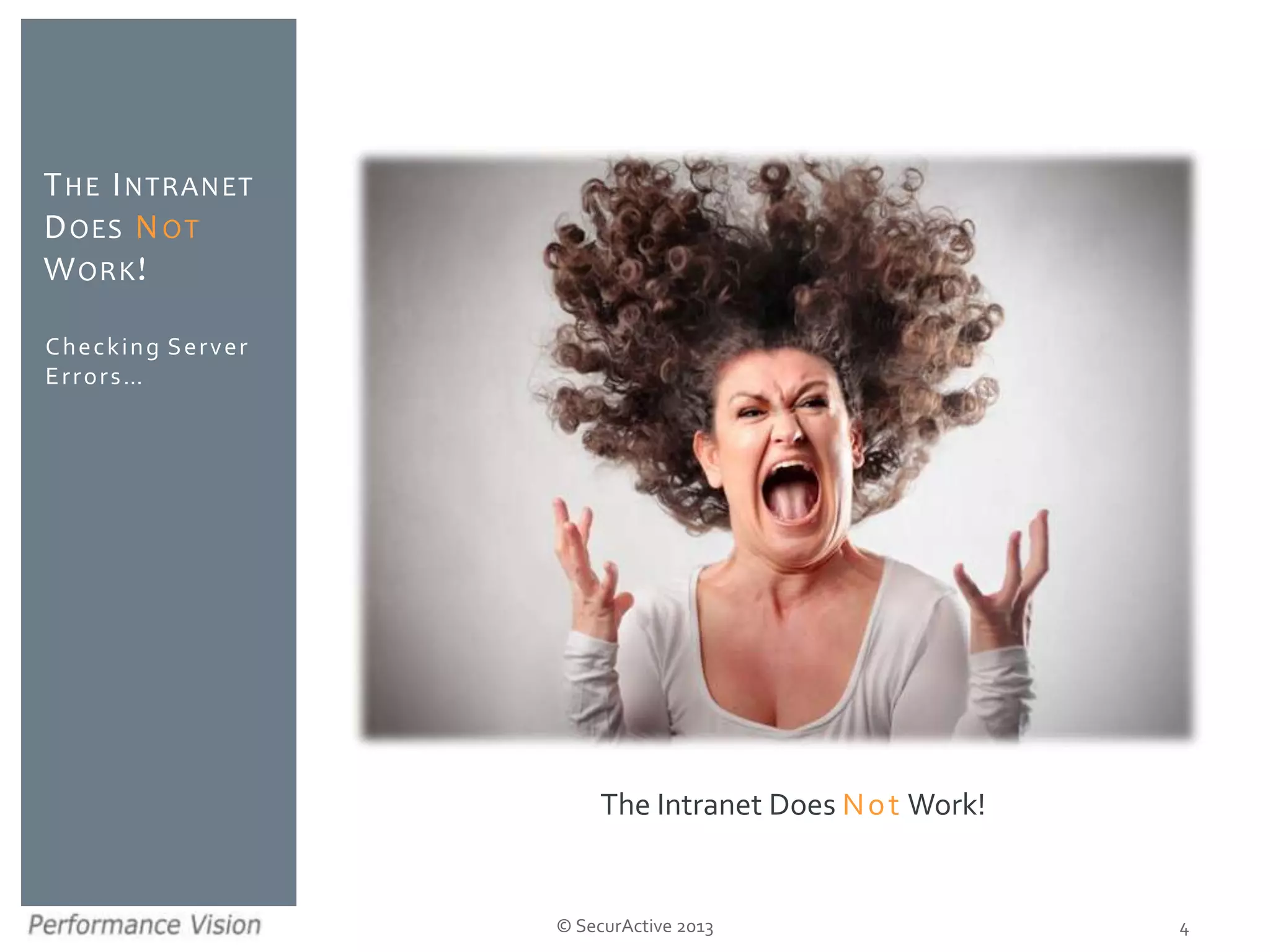 © SecurActive 2013
Checking Server
Errors…
THE INTRANET
DOES NOT
WORK!
4
The Intranet Does Not Work!
 
