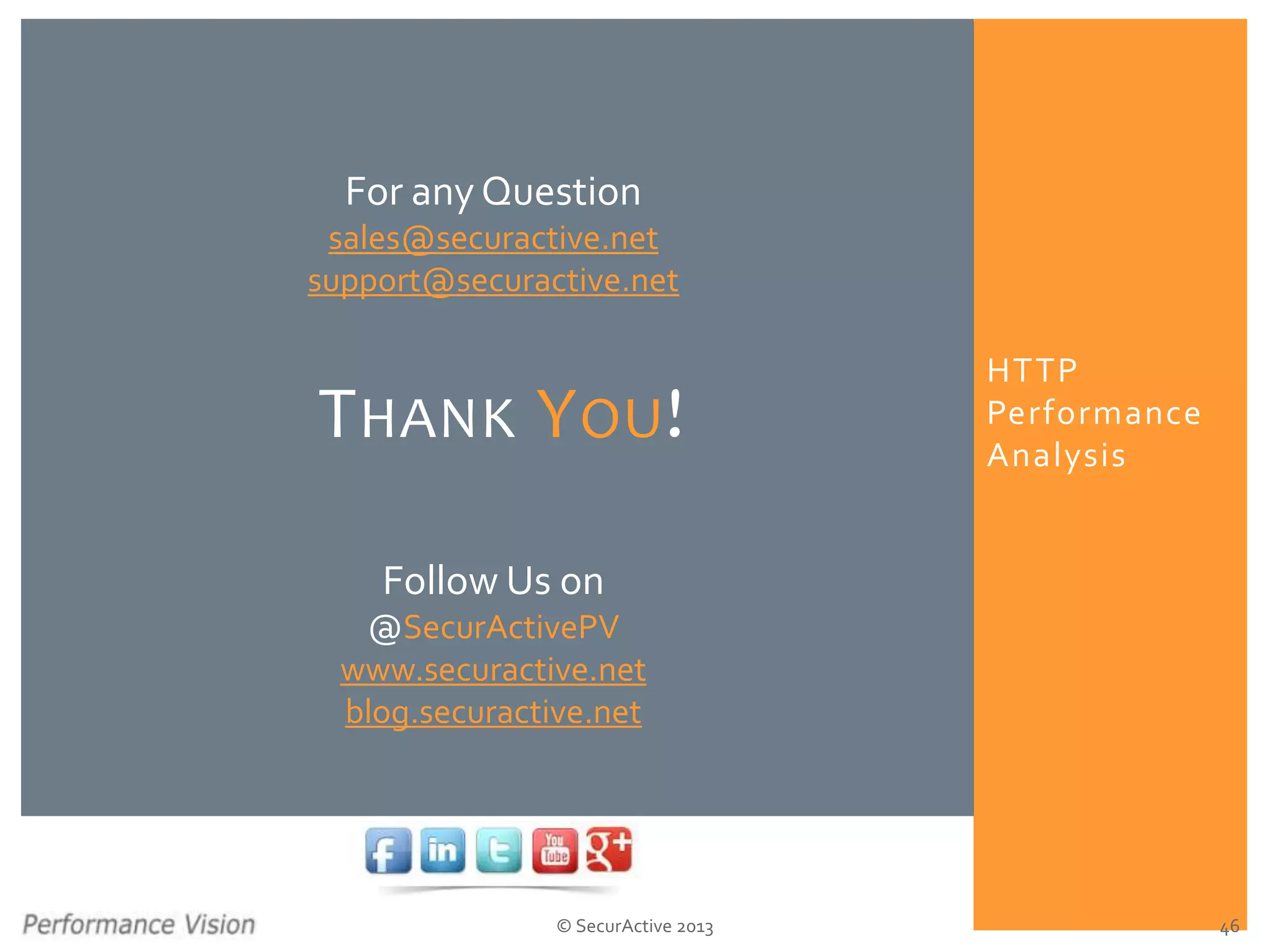 HTTP
Performance
Analysis
© SecurActive 2013
THANK YOU!
46
For any Question
sales@securactive.net
support@securactive.net
Follow Us on
@SecurActivePV
www.securactive.net
blog.securactive.net
 