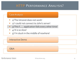 © SecurActive 2013 17 
HTTP PERFORMANCEANALYSIS? 
1/ The Intranet does not work! 
2/ I could not connect to John's server! 
3/ This f...... application fails every other time! 
4/ It is so slow! 
5/ I’m stuck in the middle of nowhere! 
Case Analysis 
Interactive Demo 
Q&A  
