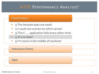 © SecurActive 2013 27 
HTTP PERFORMANCEANALYSIS? 
1/ The Intranet does not work! 
2/ I could not connect to John's server! 
3/ This f...... application fails every other time! 
4/ It is so slow! 
5/ I’m stuck in the middle of nowhere! 
Case Analysis 
Interactive Demo 
Q&A  