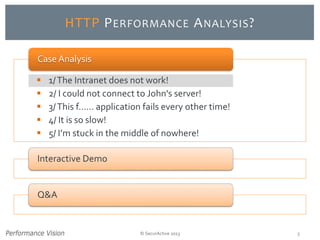 © SecurActive 2013 3 
HTTP PERFORMANCEANALYSIS? 
1/ The Intranet does not work! 
2/ I could not connect to John's server! 
3/ This f...... application fails every other time! 
4/ It is so slow! 
5/ I’m stuck in the middle of nowhere! 
Case Analysis 
Interactive Demo 
Q&A  